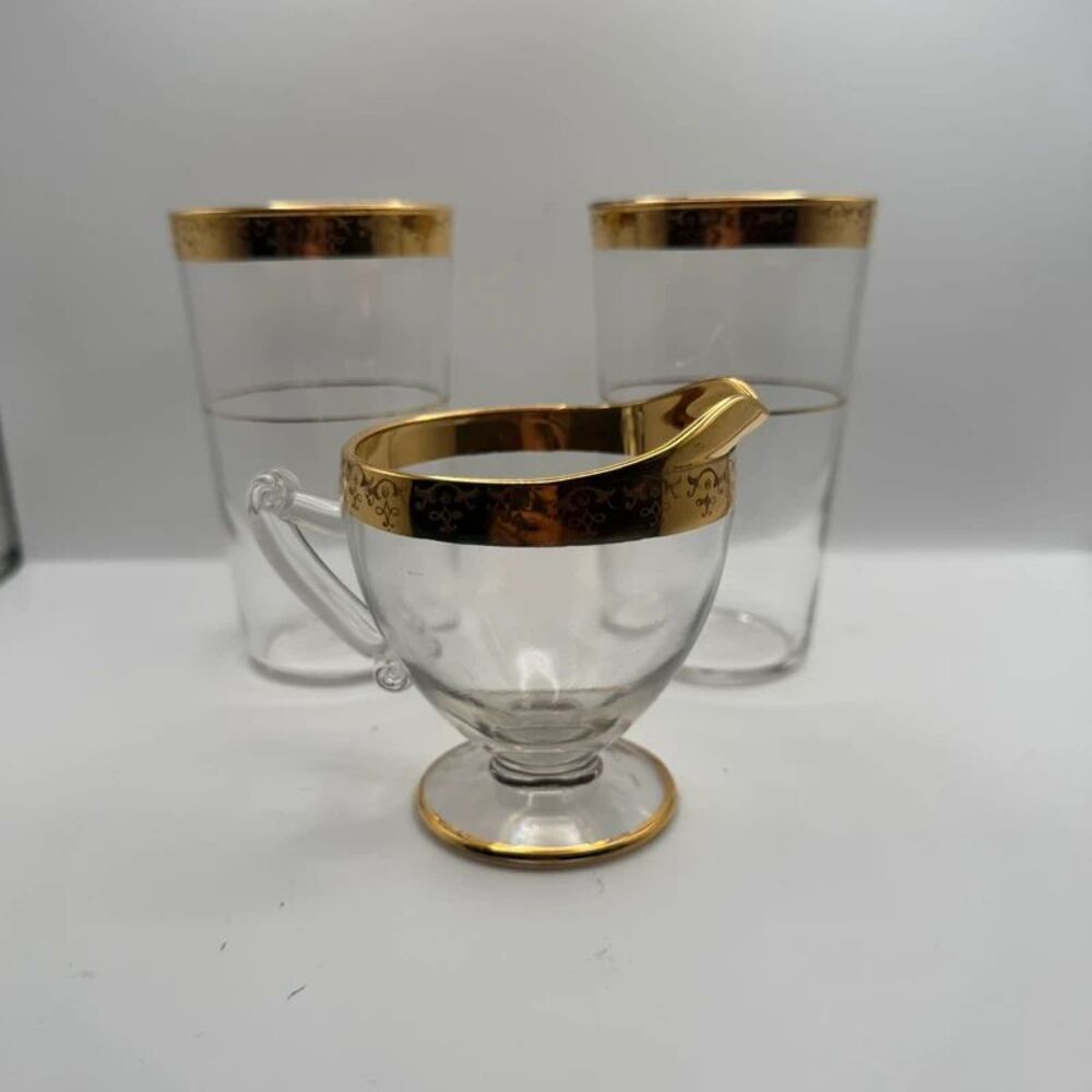 Vintage Gold Filigree Glassware Set MCM Footed Creamer 2 Tumblers Glass Gold Rim